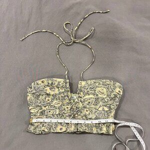 ZARA V-Neck Paisley Print Green Yellow Halter Crop Top Ruffle Hem